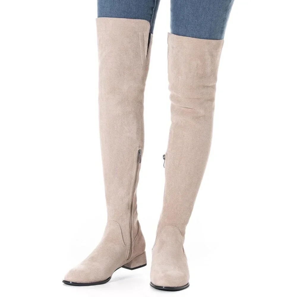 Women Neutral/1in Suede Over the Knee Thigh High Chunky Block Heel Winter Boots